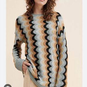 Show Me Your MuMu Wave-Stripe Crewneck Sweater in Sage, Camel & Black